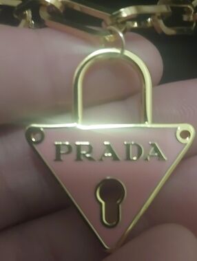 Prada Pink Enamel and Gold Triangle Padlock  Pendant Necklace